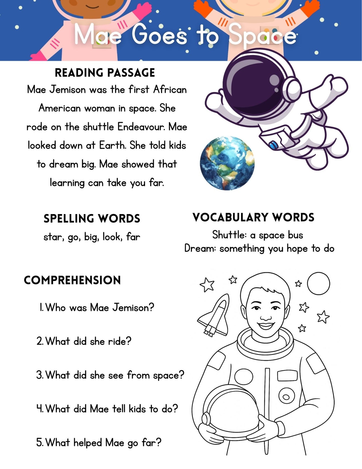 Lift off To Learning | 1st Grade Reading Passages with Black History in Space