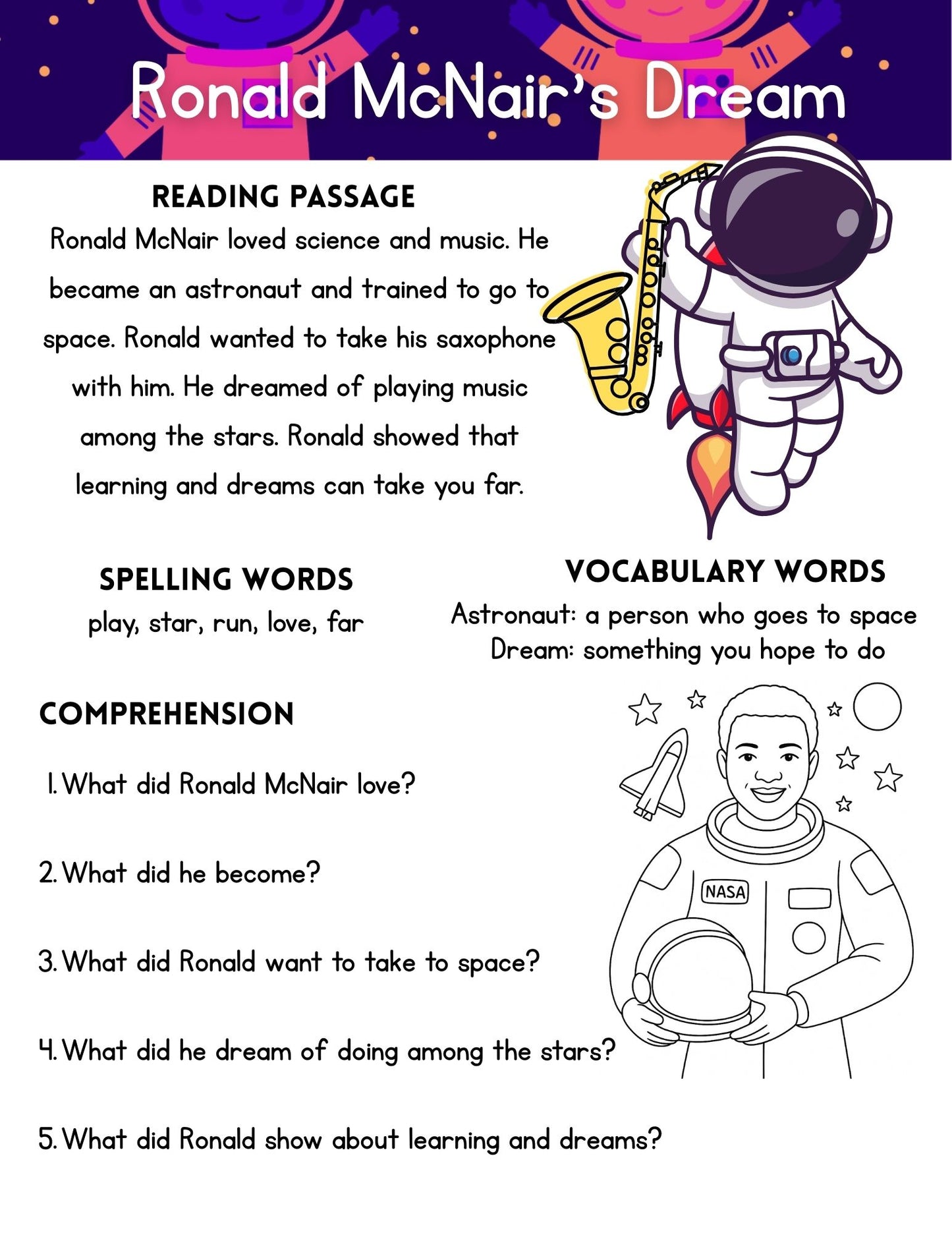 Lift off To Learning | 1st Grade Reading Passages with Black History in Space