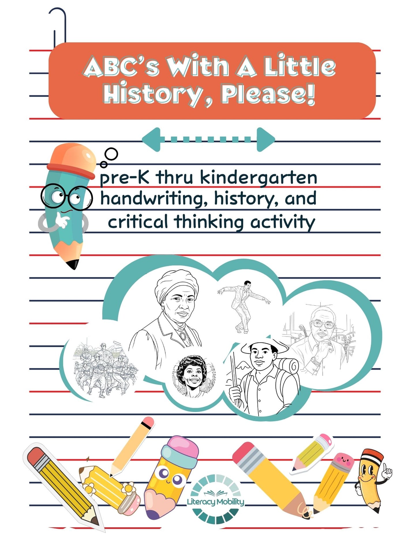 Book cover of 'ABC's With A Little History, Please!' with educational graphics and text.
