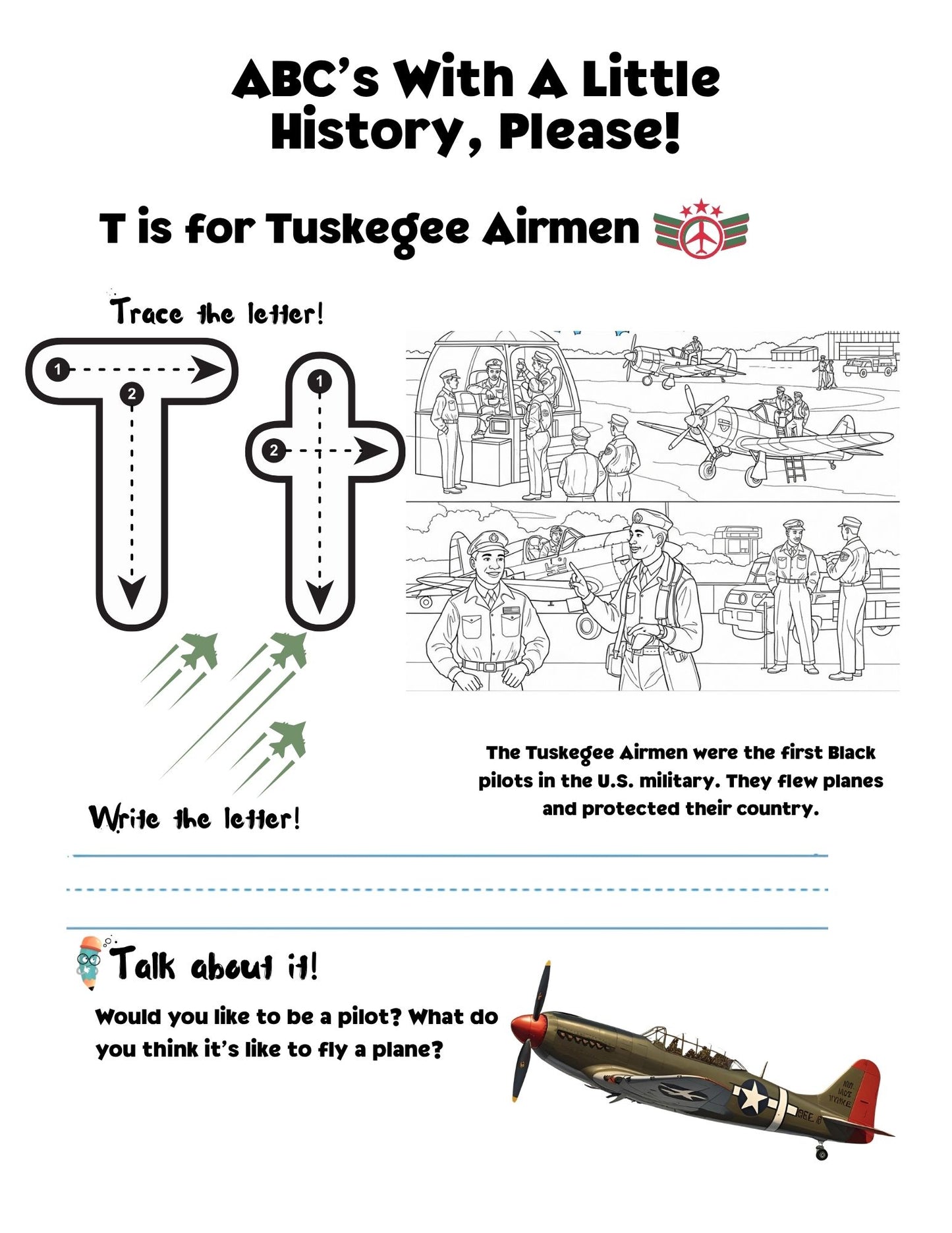 Educational page about the Tuskegee Airmen with letter 'T' tracing activity.