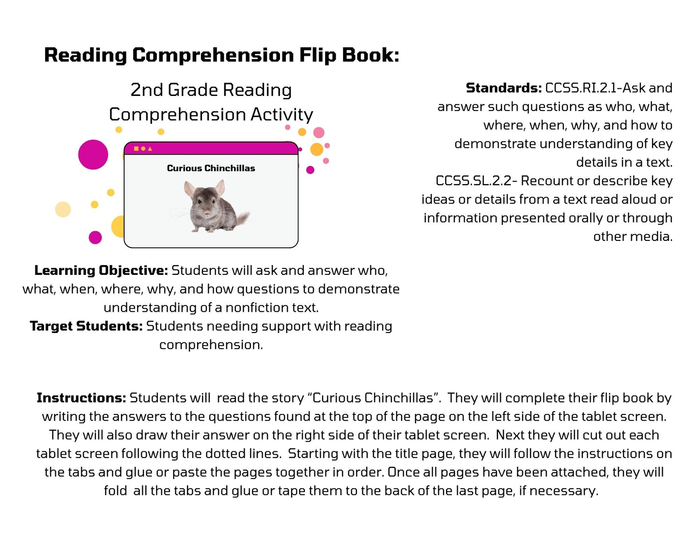 Curious, chinchillas, reading comprehension, flipbook instruction page instruction page 2nd grade reading comprehension activity, curious chinchillas