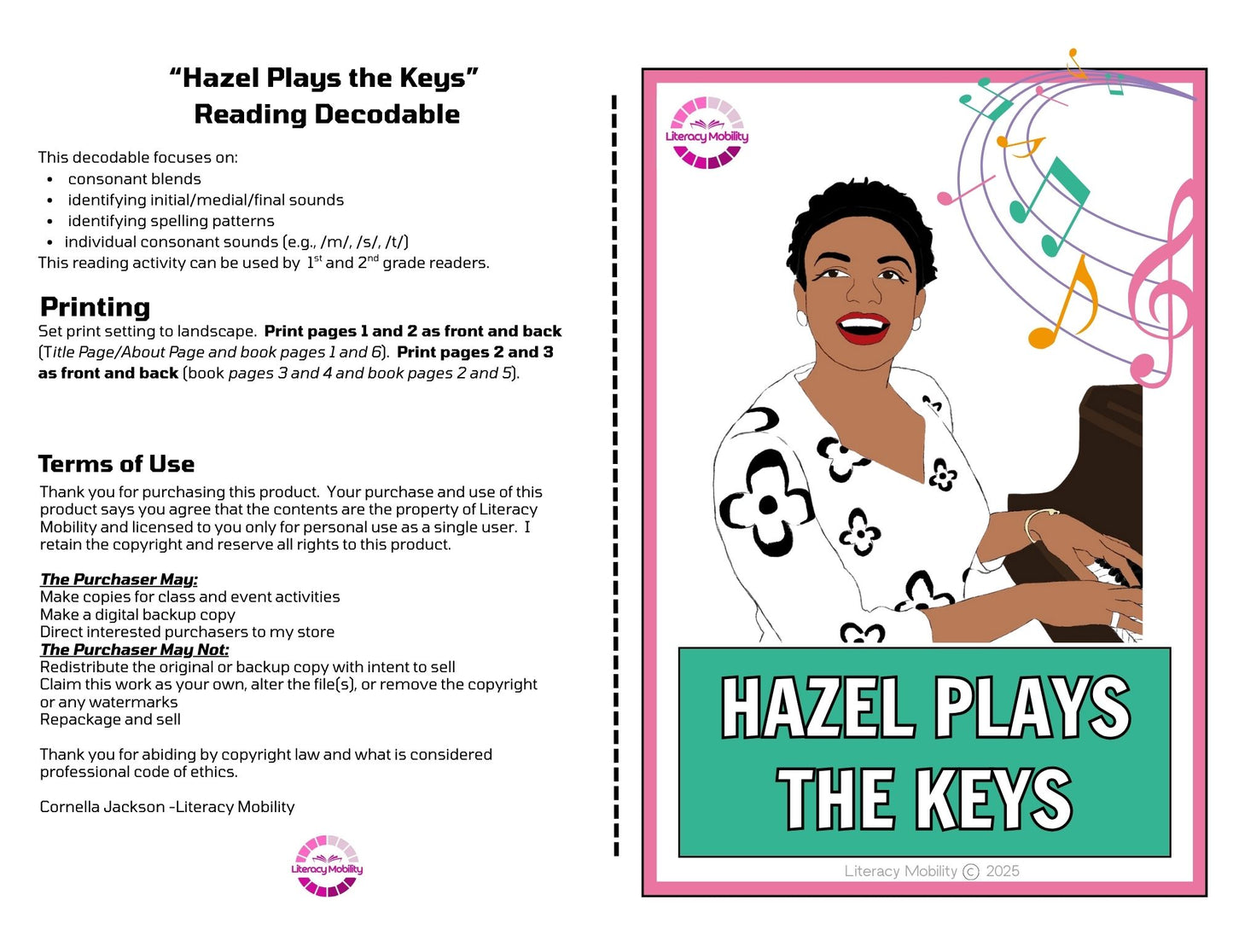 Educational material titled 'Hazel Plays the Keys' with a character playing piano and musical notes.