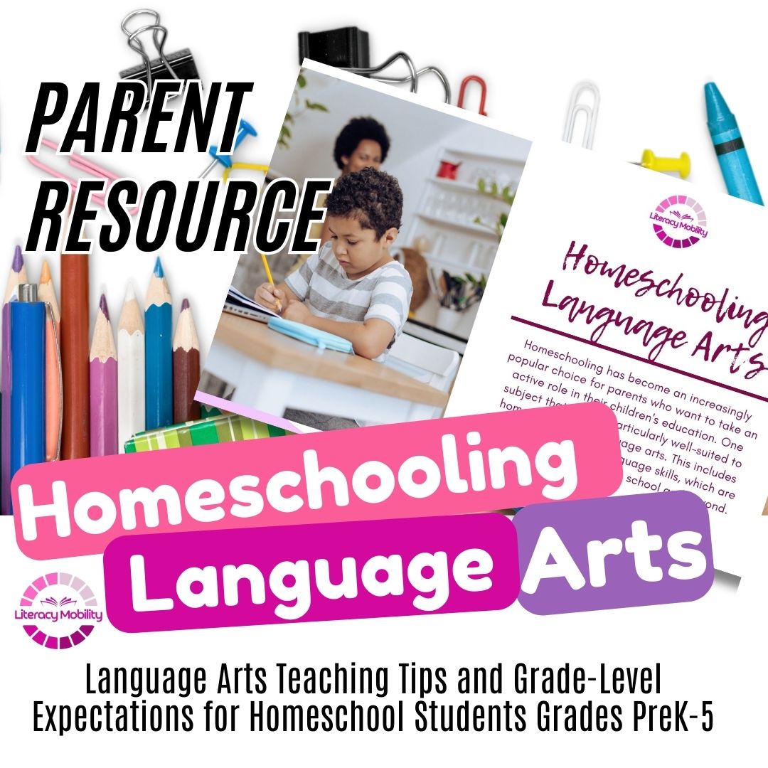 Homeschooling resource book with text and images of a child studying and stationery items.