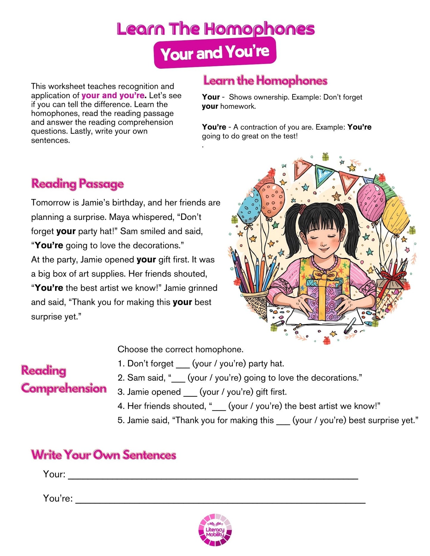 Educational worksheet on homophones with a birthday-themed illustration and text.