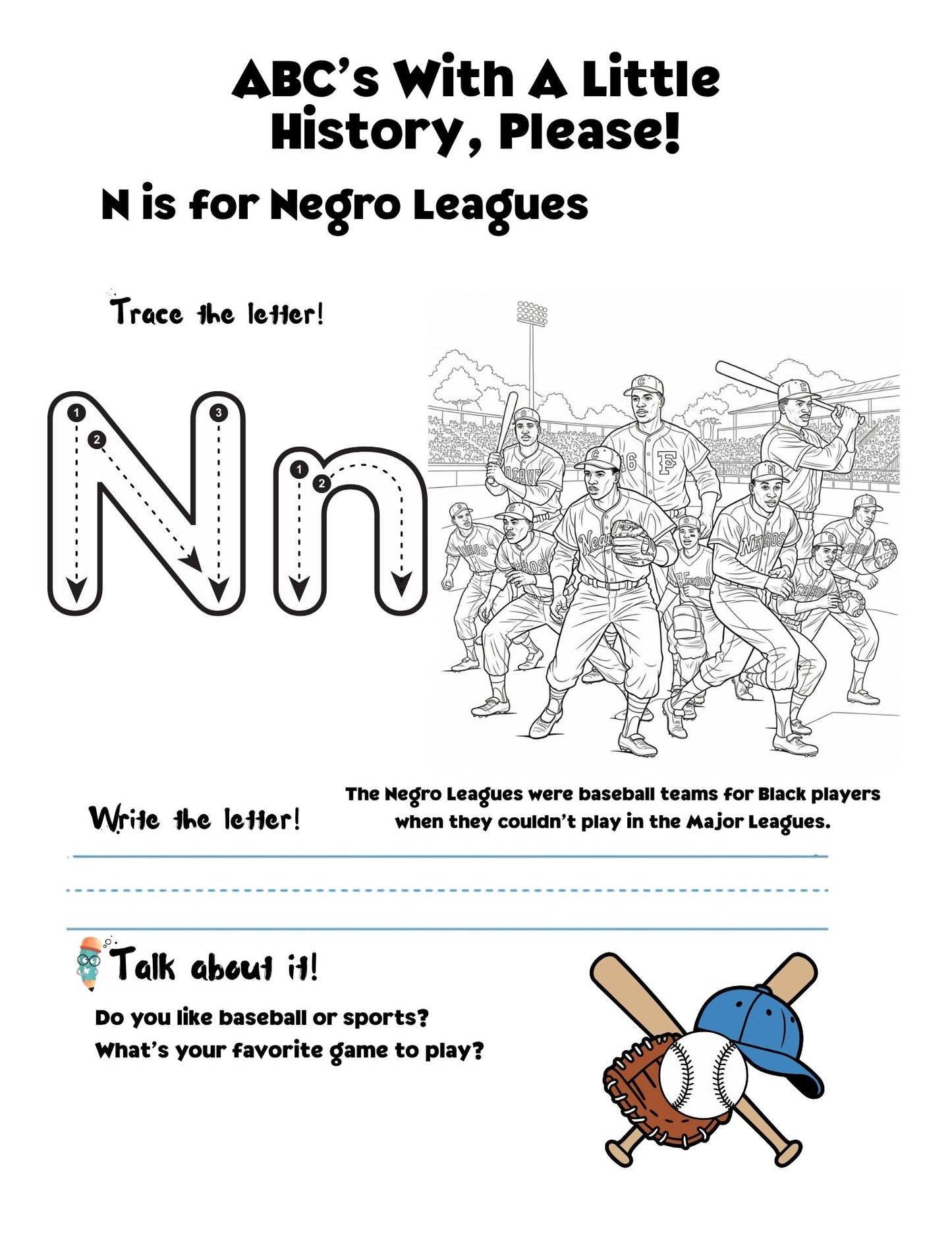 Educational page about the Negro Leagues with a letter N tracing activity on a white background.
