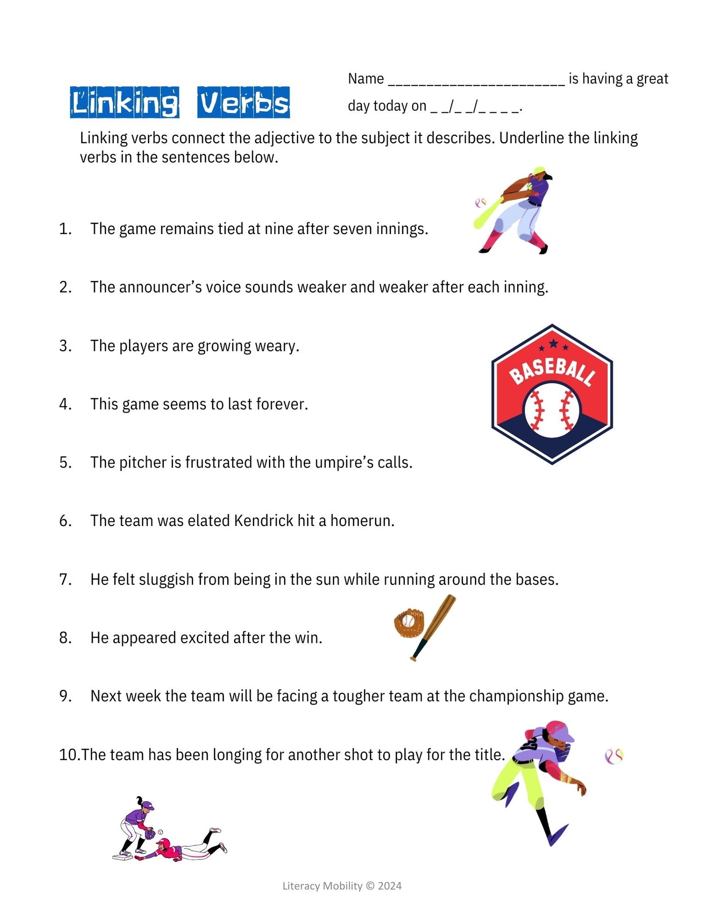 Liking verbs worksheet found in the linking and helping verbs PowerPoint presentation and worksheet set by literacy mobility