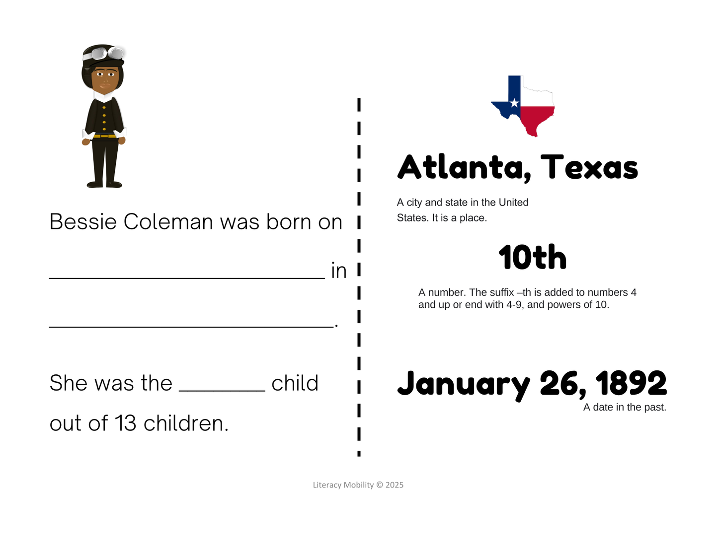 Making Inferences with Pictures Bessie Coleman fill in the blank, early life