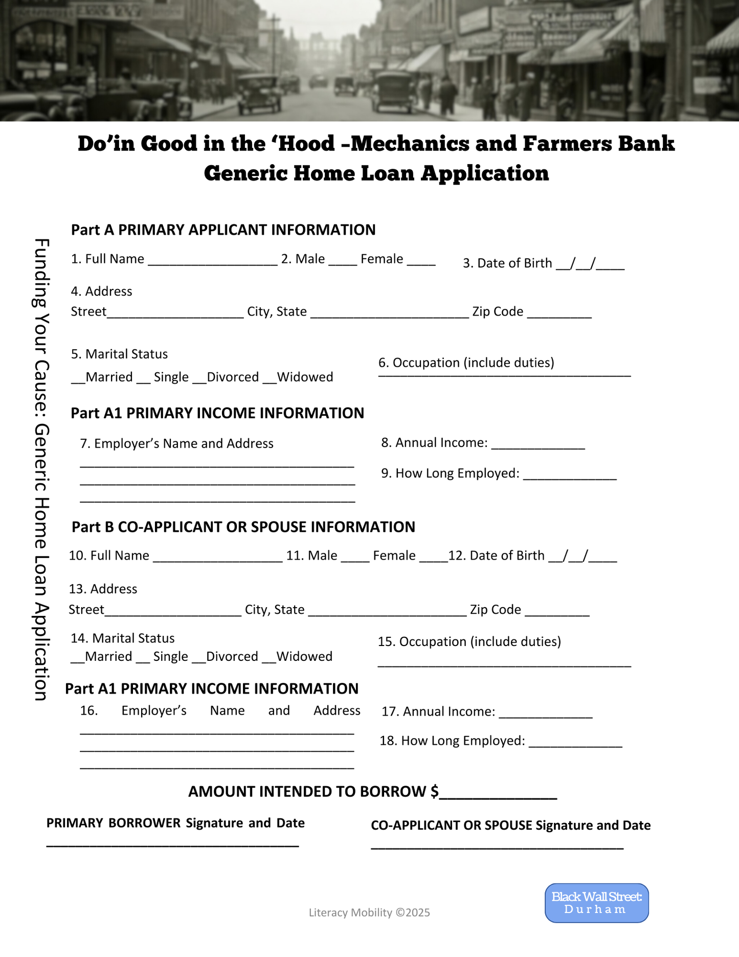 Generic Home Loan application students will use in Black Wall Street Build A Community Durham, North Carolina for Mechanics and Farmers Bank
