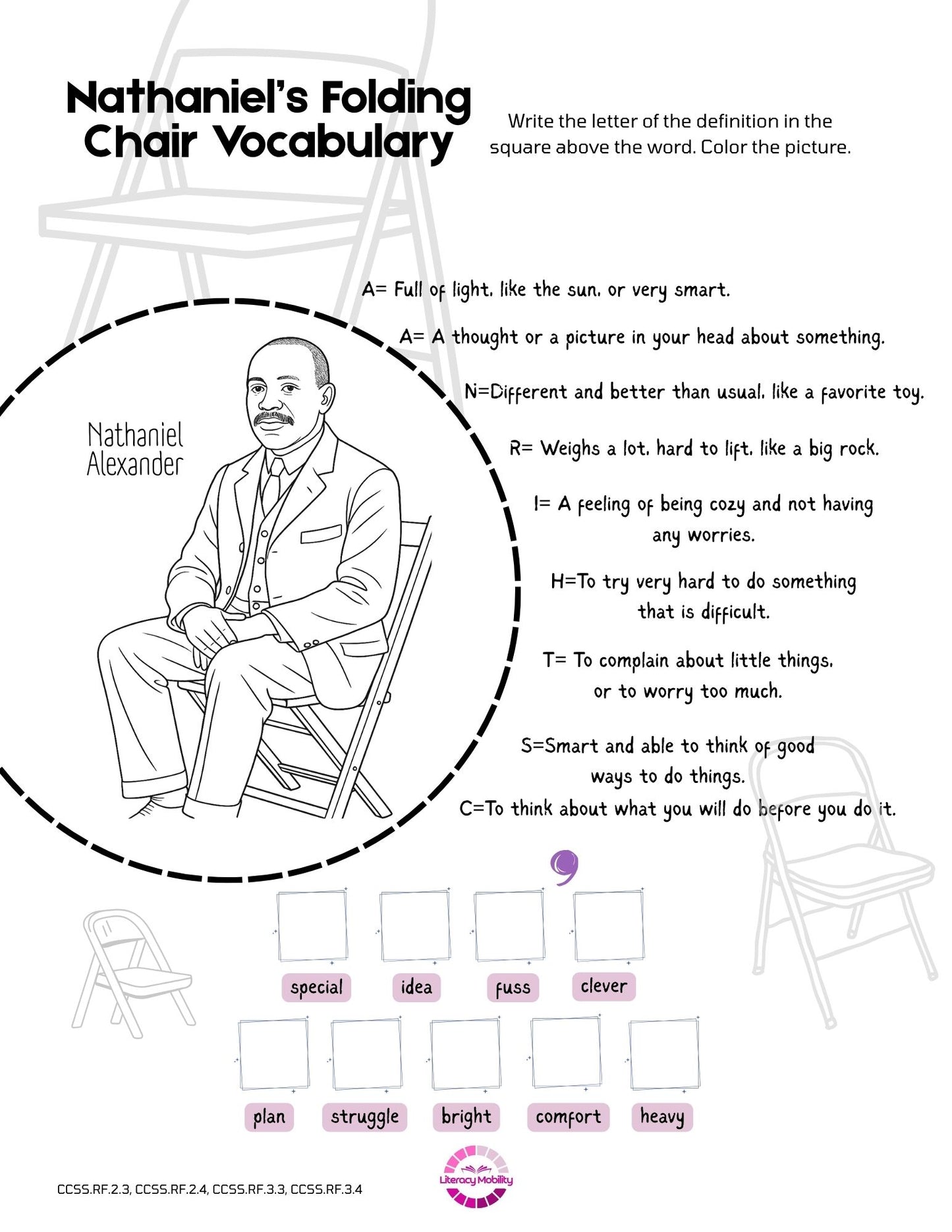 Educational worksheet with a picture of a man sitting on a folding chair, vocabulary definitions, and coloring activity.