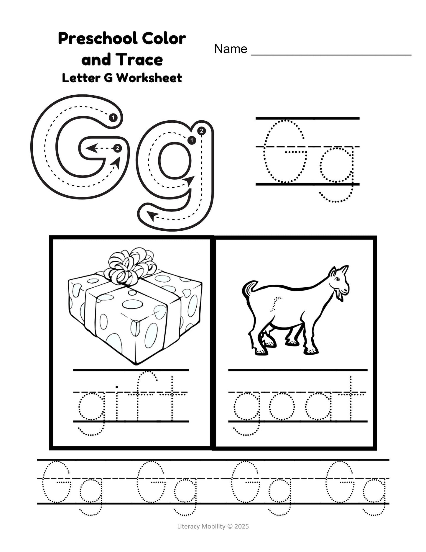 Preschool color and trace G worksheet