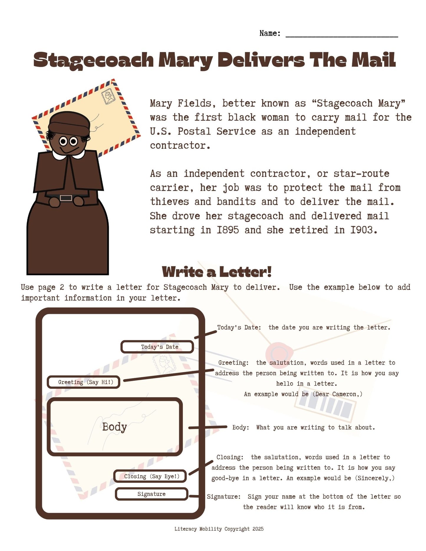 Stagecoach Mary delivers the mail biography and friendly letter template