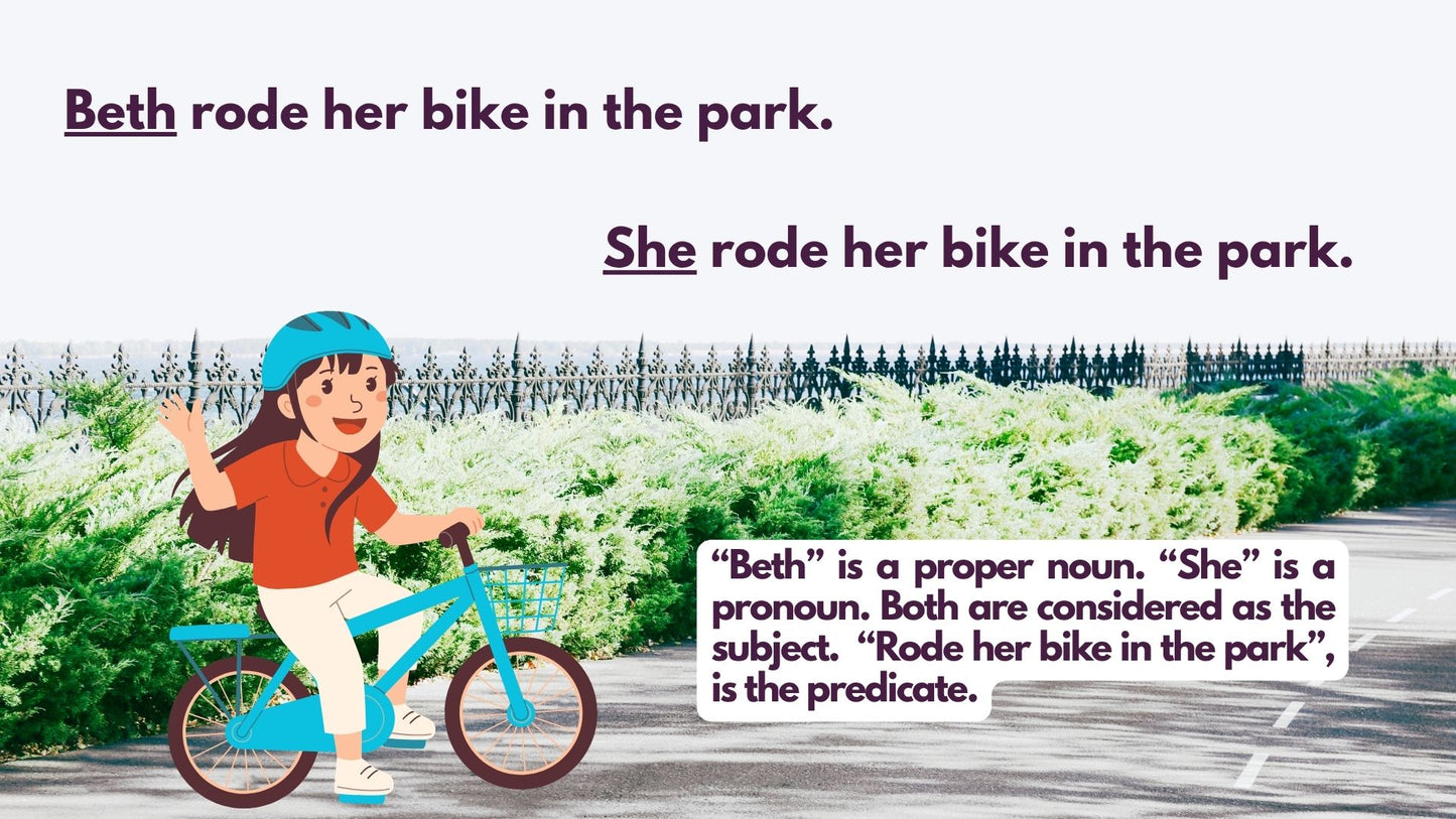 Subjects and predicate is a proper noun rode her bike in the park is the predicate