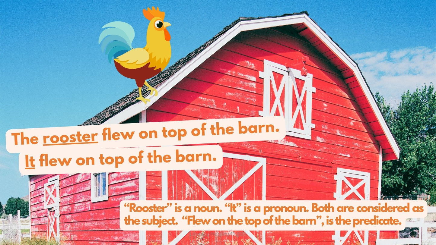 Rooster is the subject flew on top of the barn is the predicate