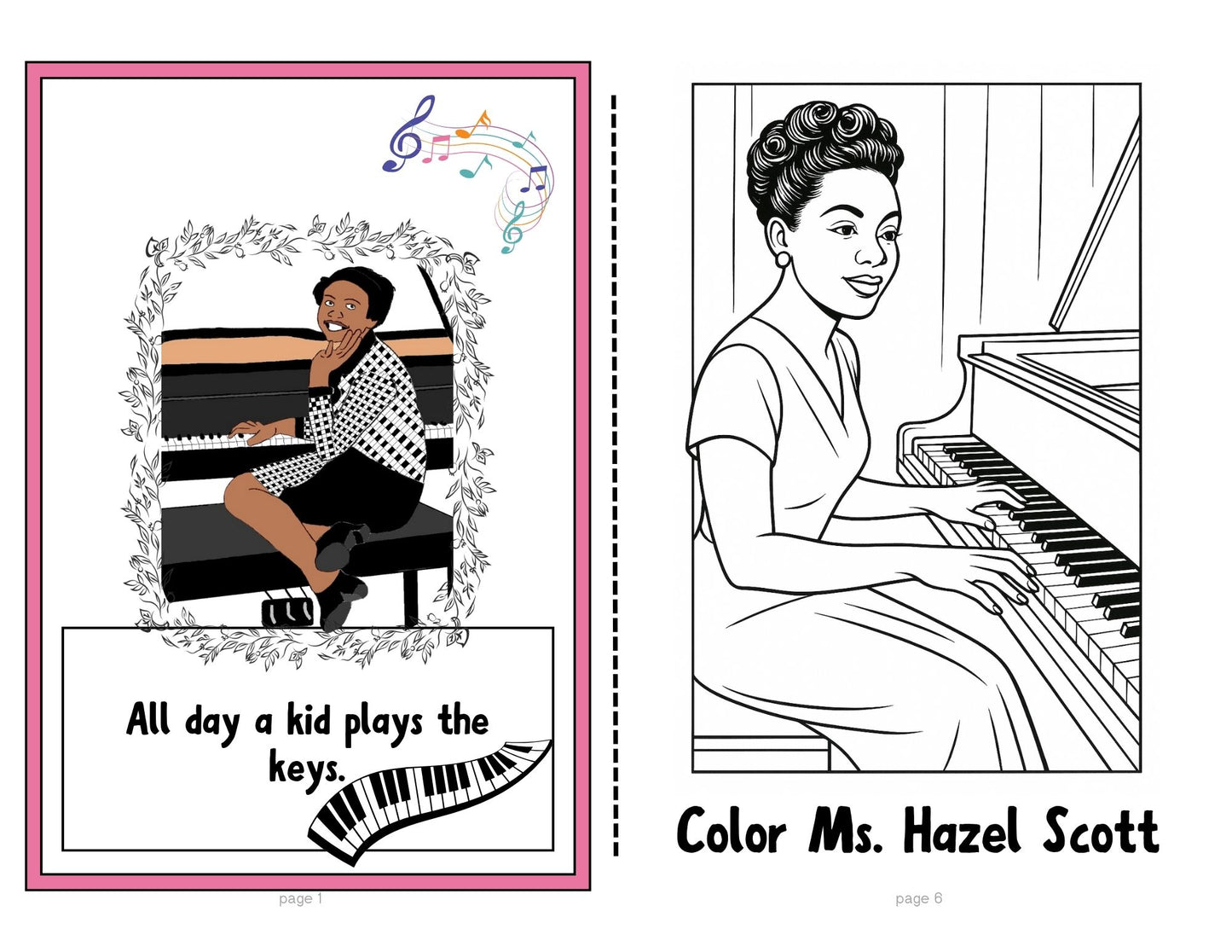 Coloring book page with illustration of a woman playing piano and text.