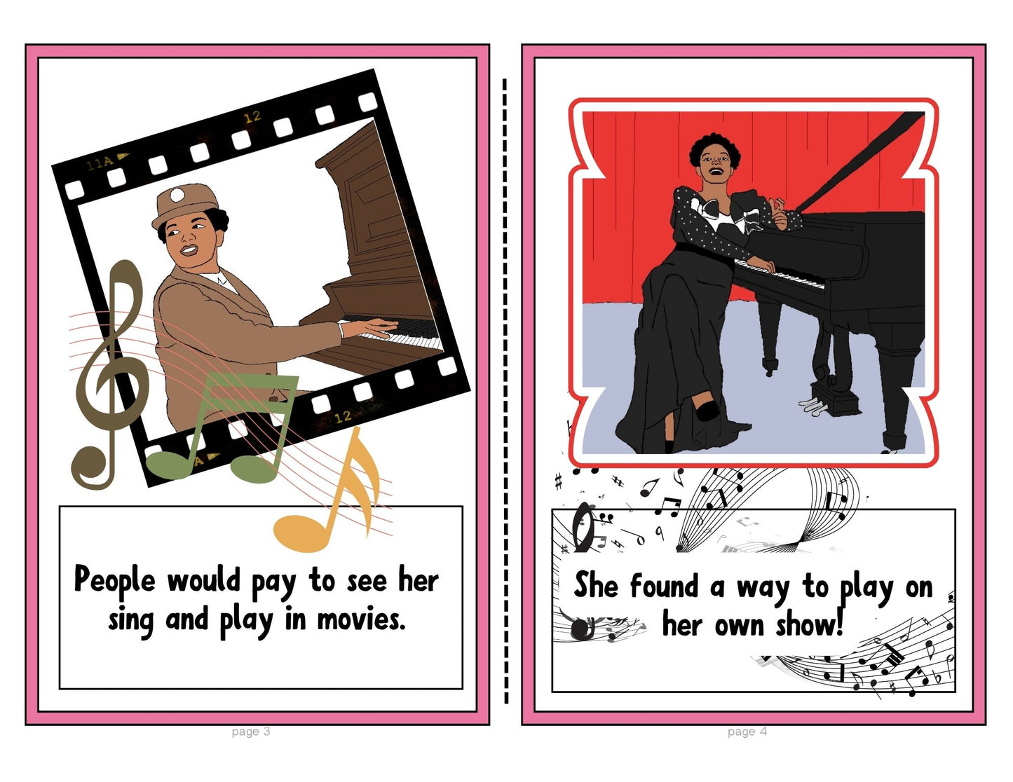 Illustrated book page with two characters playing pianos, one in a film strip and the other on stage.