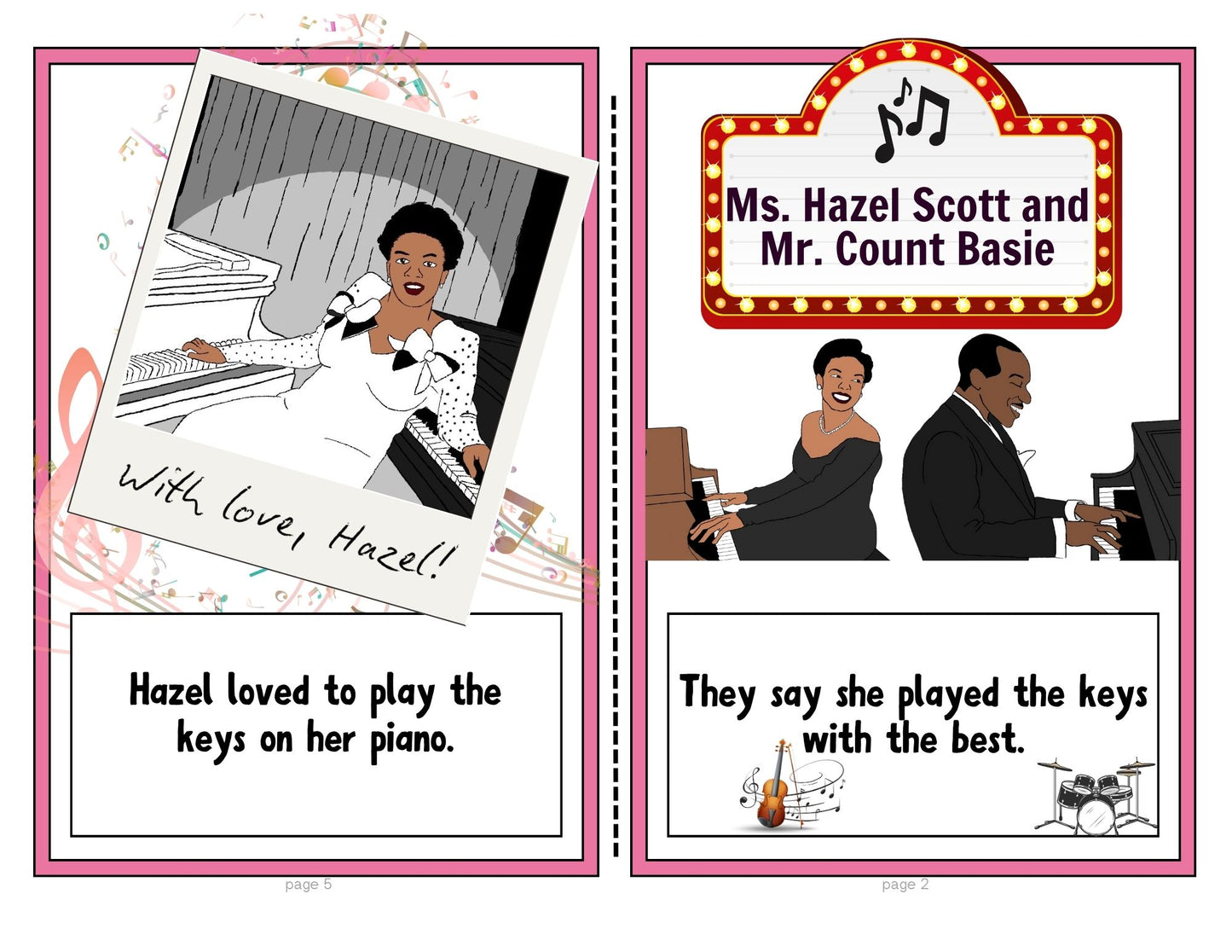 Illustrated book page featuring Ms. Hazel Scott and Mr. Count Basie with text and graphics.