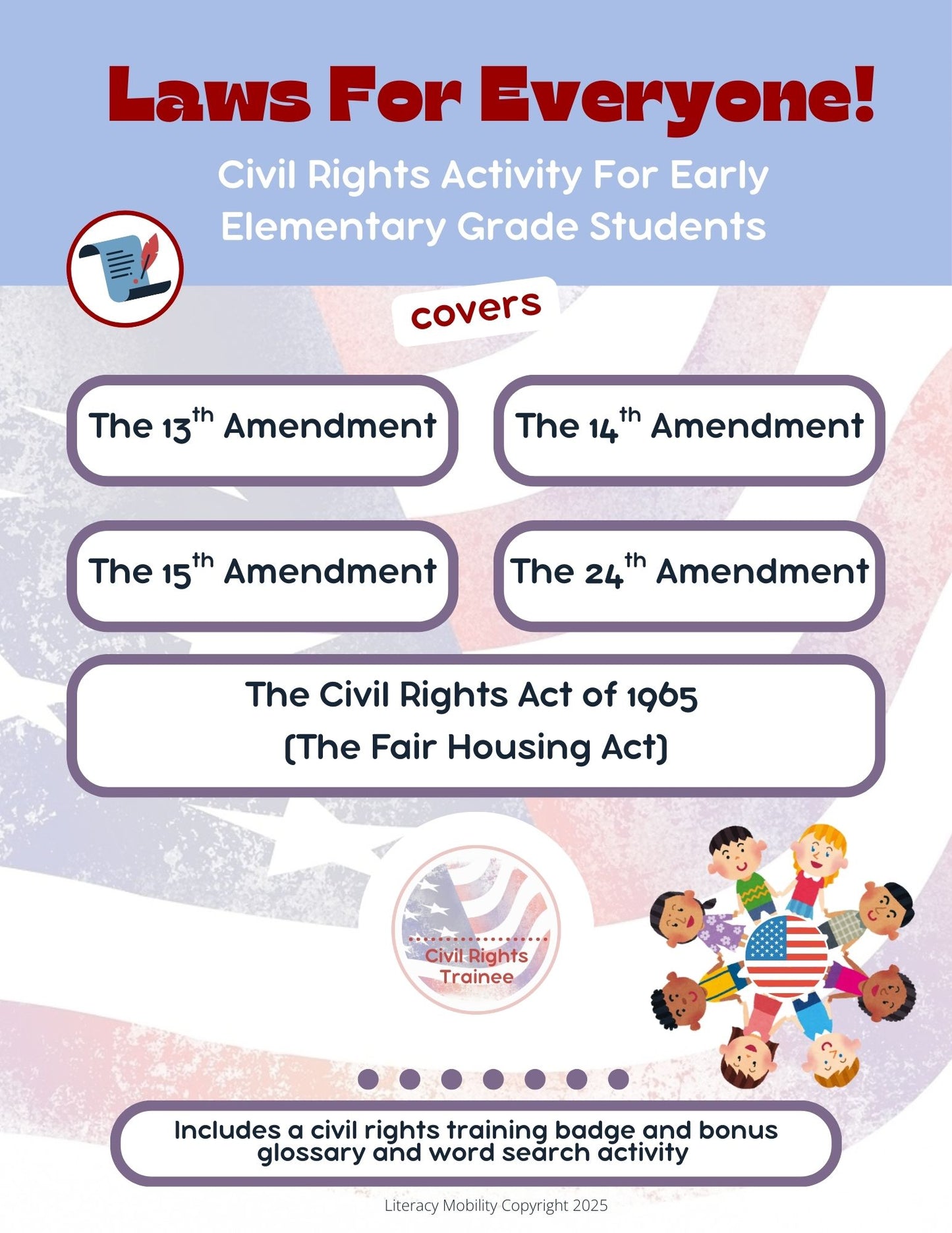 Cover sheet for laws for everyone civil rights activity for early elementary grade students