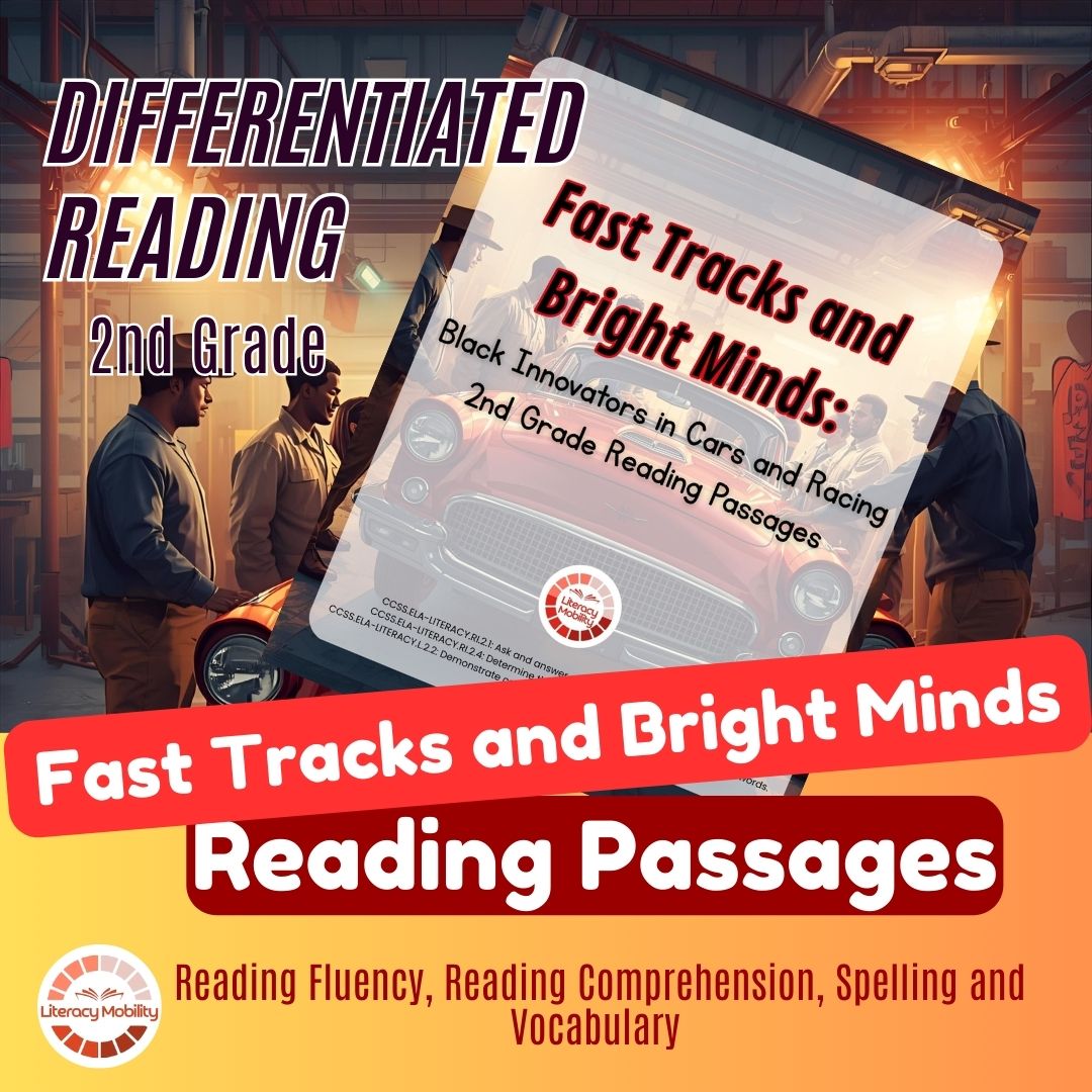Book titled 'Fast Tracks and Bright Minds' about 2nd grade reading passages with a car and people in the background.