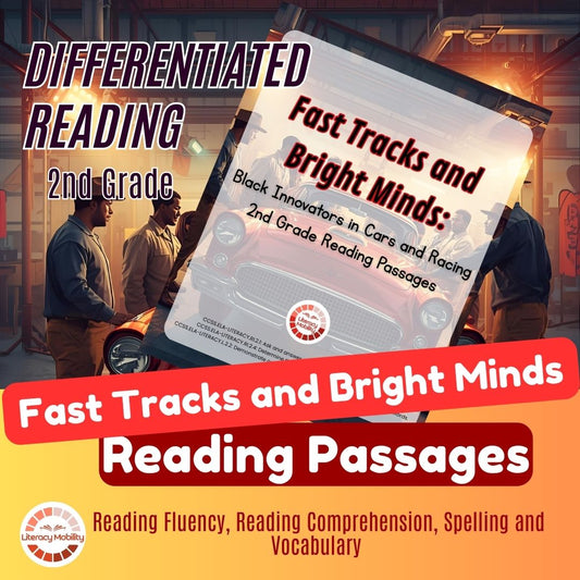 Book titled 'Fast Tracks and Bright Minds' about 2nd grade reading passages with a car and people in the background.