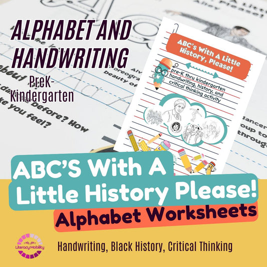 Alphabet and handwriting worksheets with educational text and graphics.