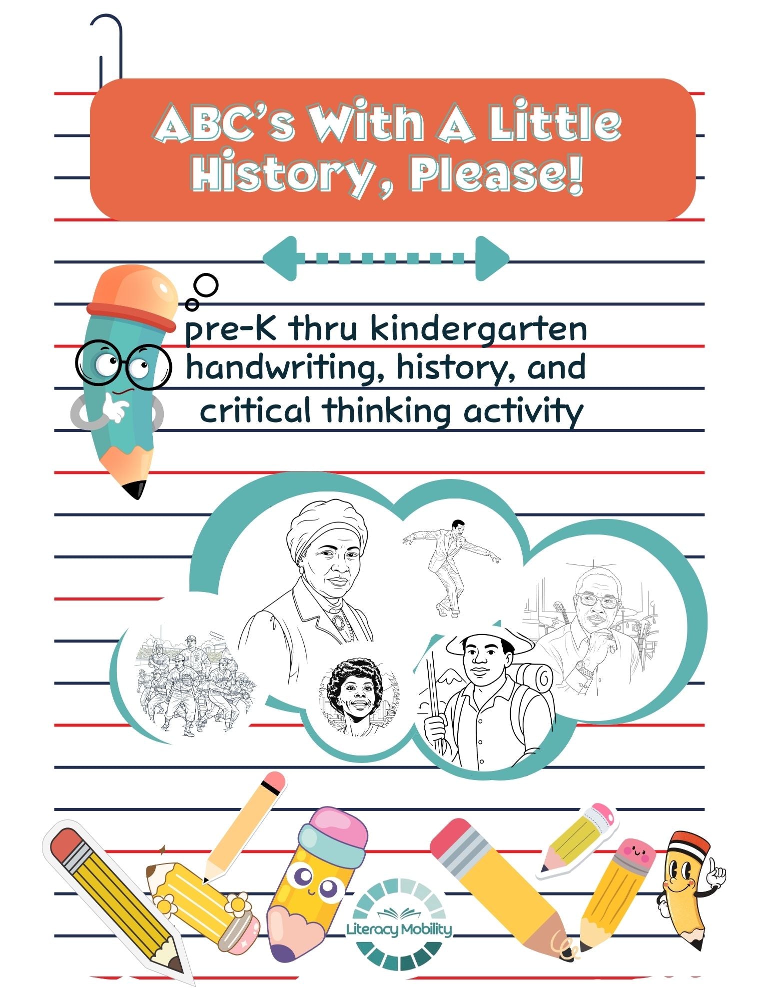 Book cover of 'ABC's With A Little History, Please!' with educational graphics and text.