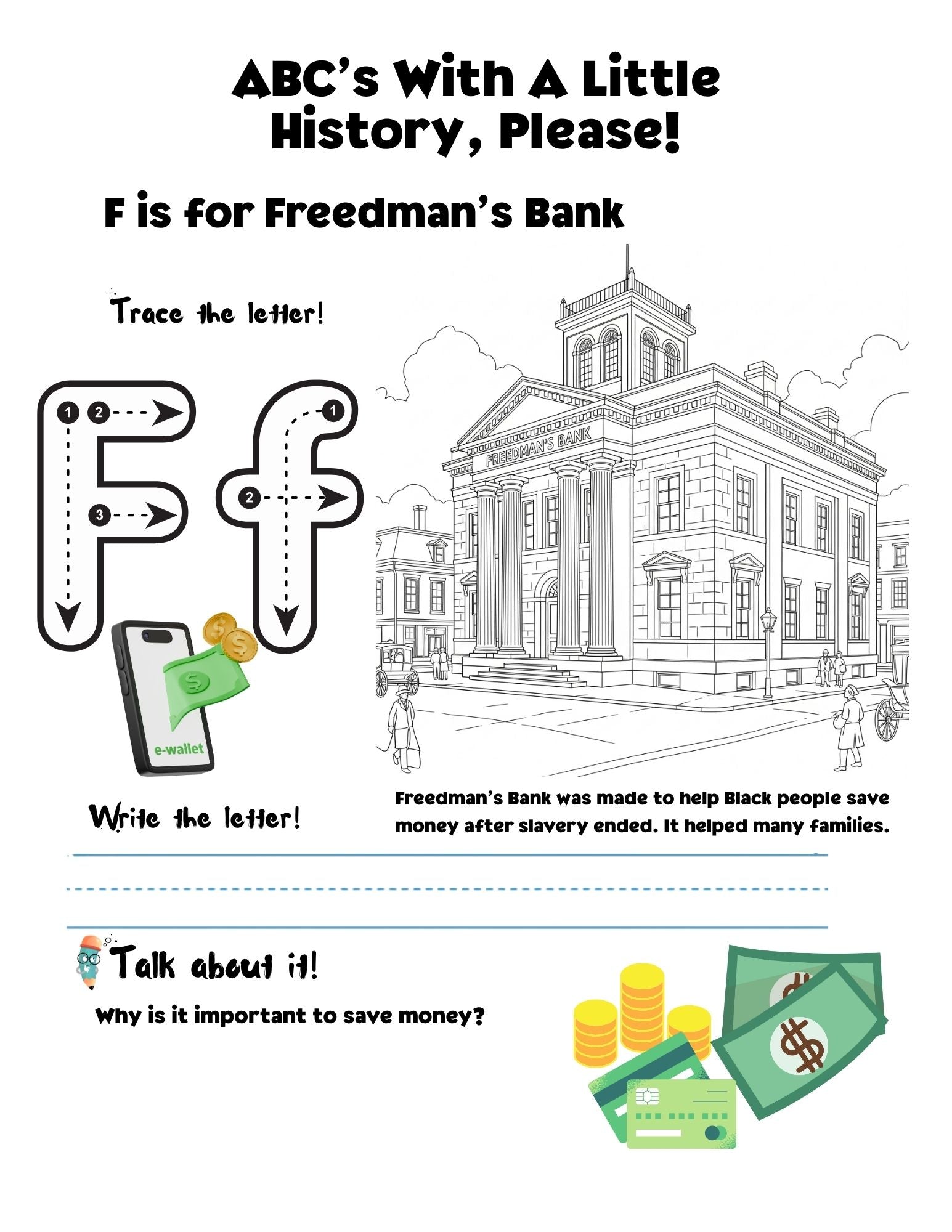Educational worksheet for children with a building illustration and text about Freedman's Bank.