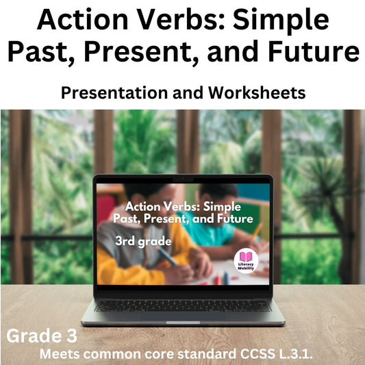 Action verbs, simple past present and future PowerPoint presentation and worksheet set website thumbnail