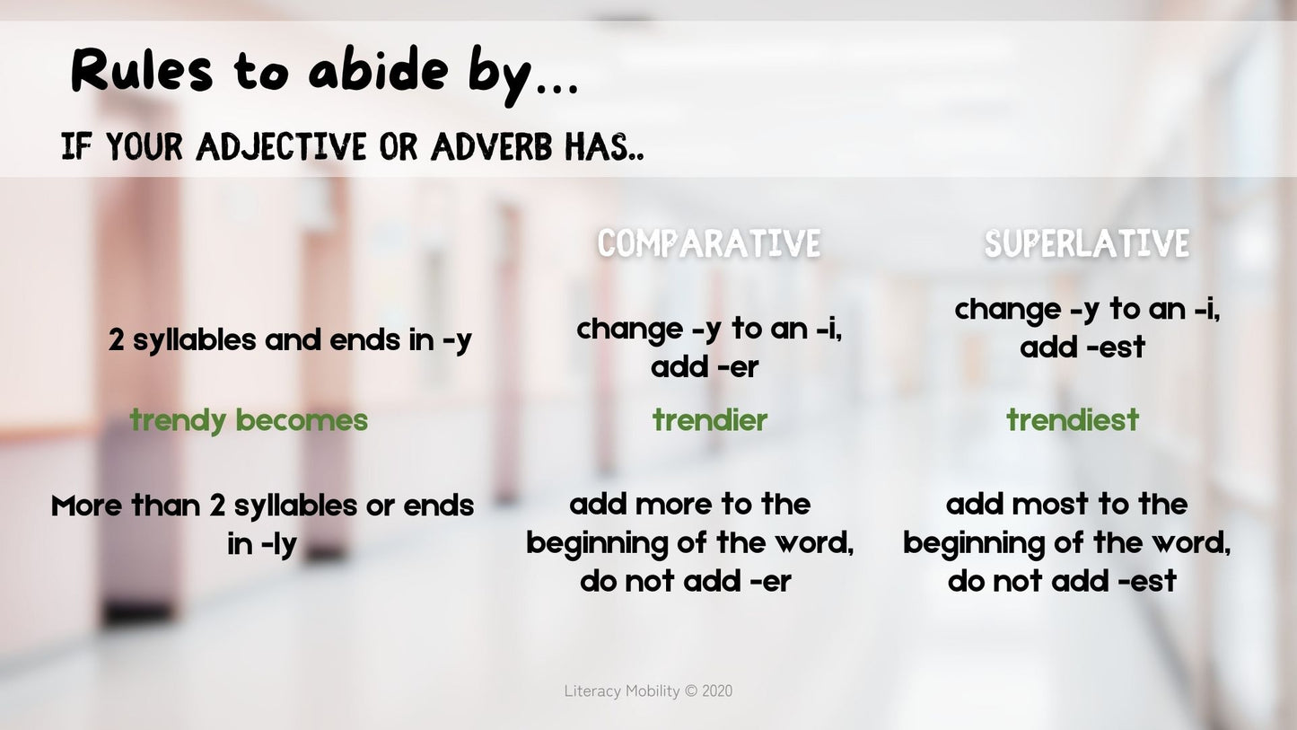 Comparatives and Superlatives changing y to I and add -er or eat