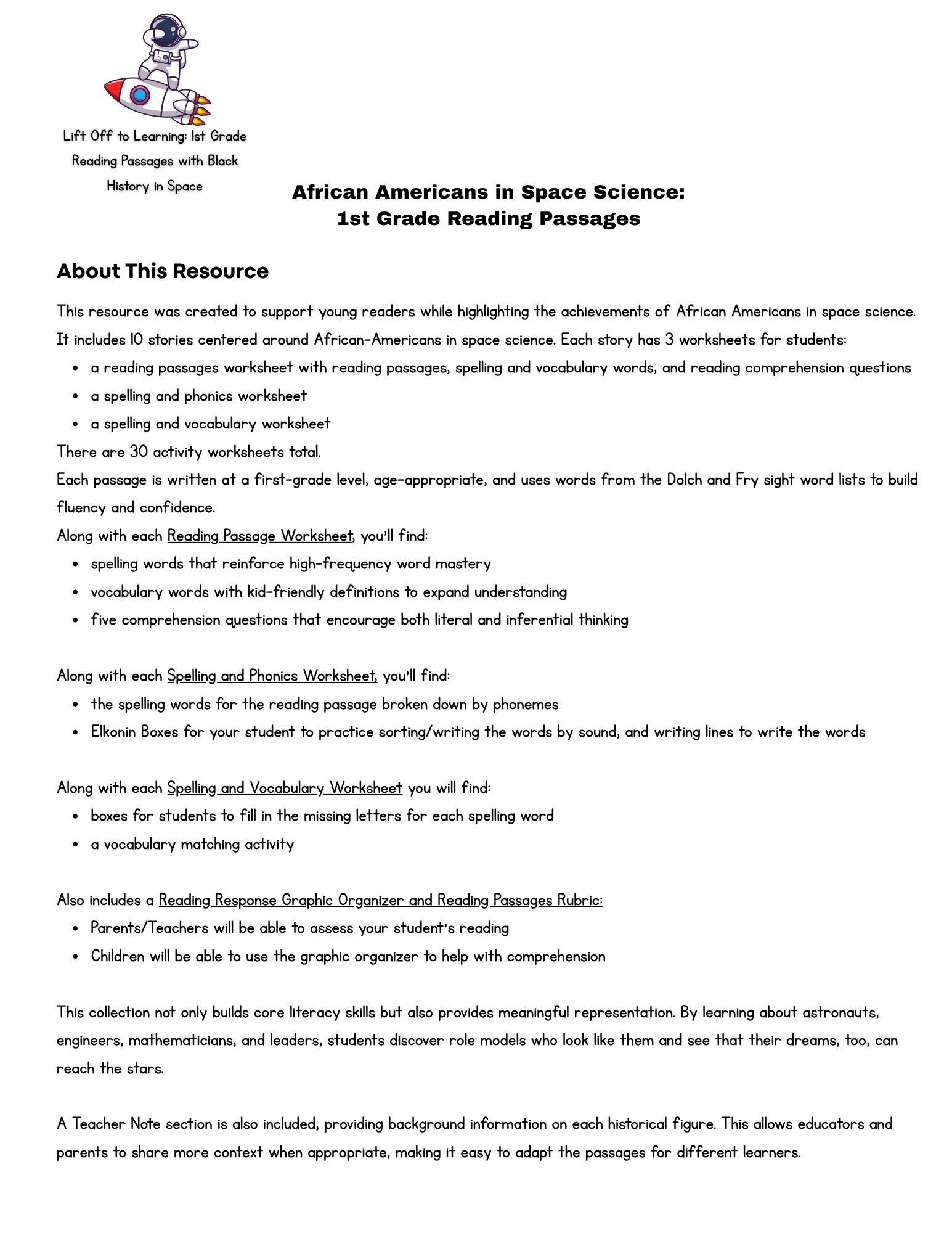 Document about African Americans in Space Science reading passages for 1st grade
