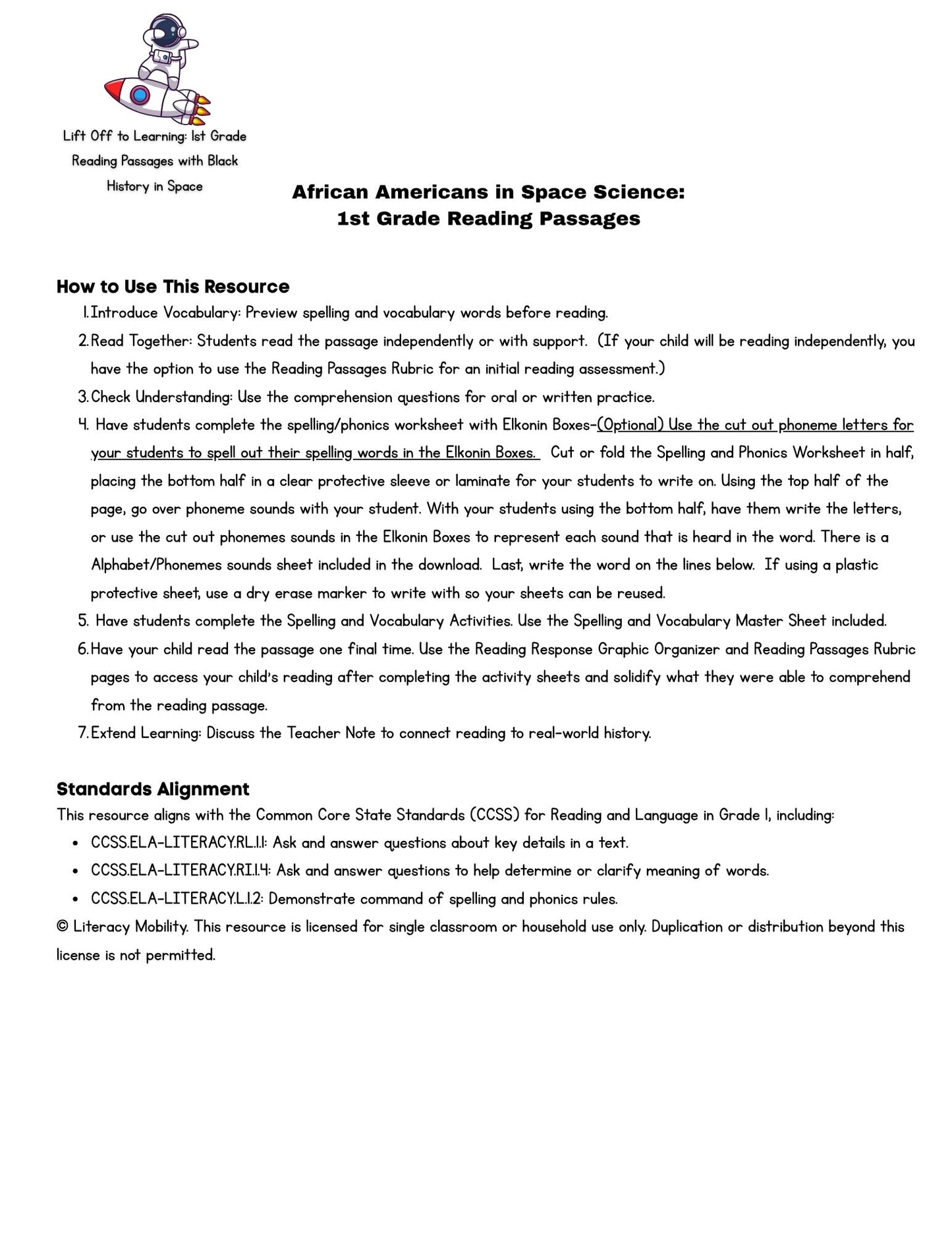 Instructional document on African Americans in Space Science for 1st grade reading passages with a logo at the top.