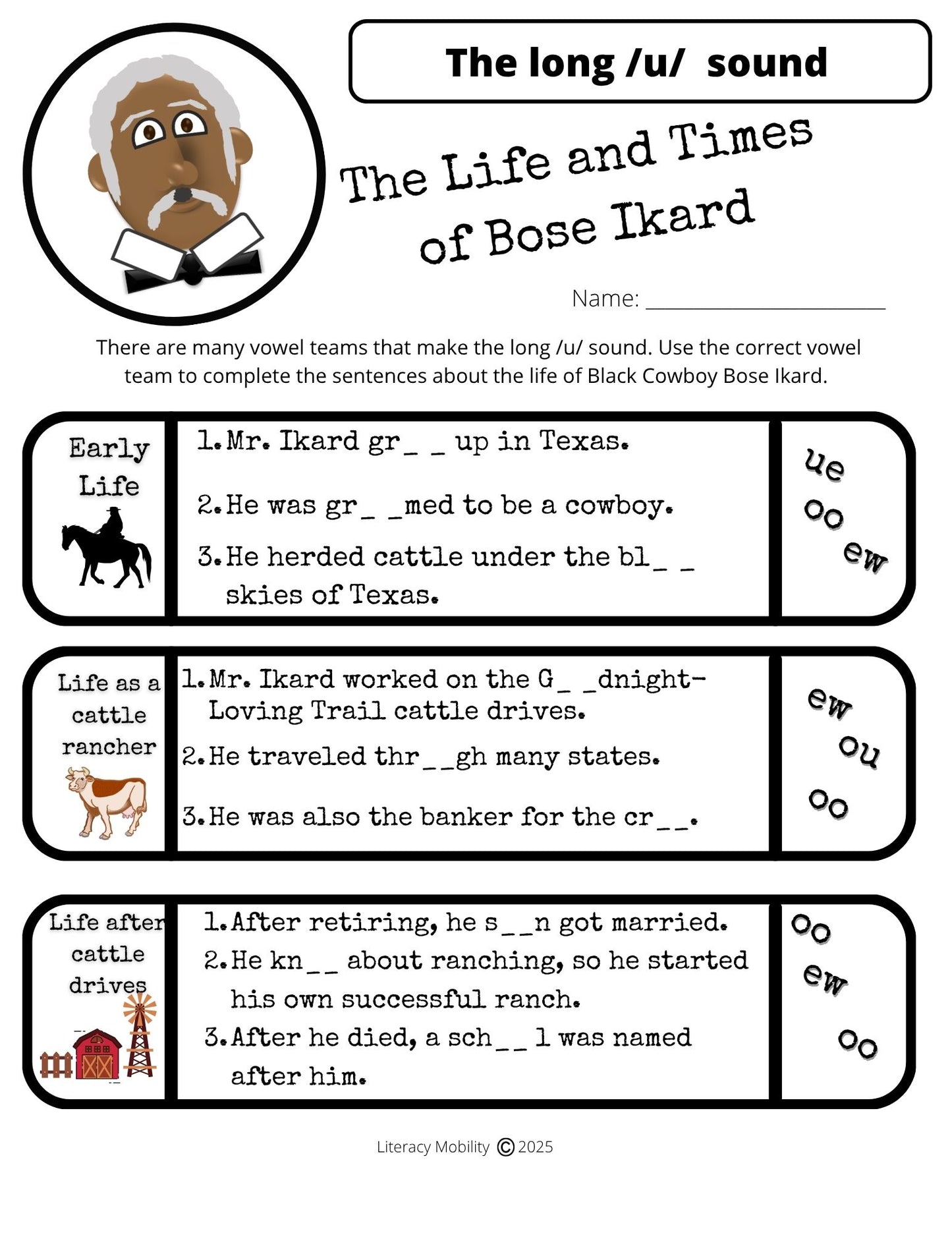 Black Cowboys of the Old West Reading and Phonics Adventure: 2nd Grade Vowel Teams Worksheets & History Lessons