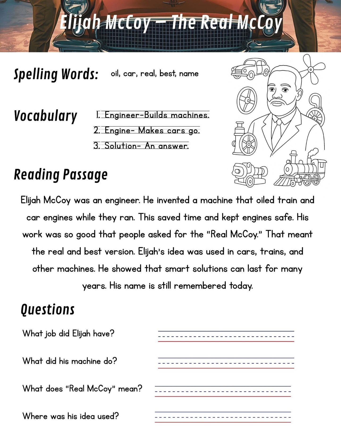 Educational worksheet about Elijah McCoy, an engineer, with spelling words, vocabulary, reading passage, and questions.