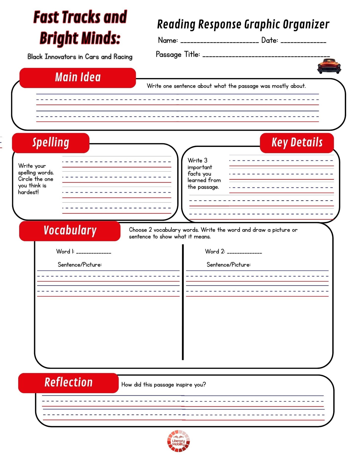 Reading response graphic organizer with red and black design on a white background