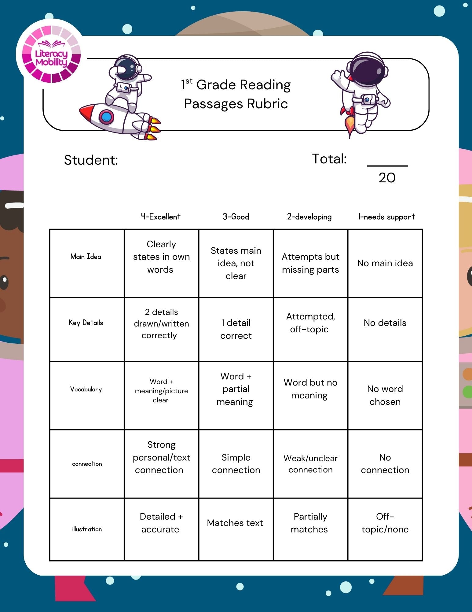 1st Grade Reading Passages Rubric with astronauts and a rocket ship on a colorful background