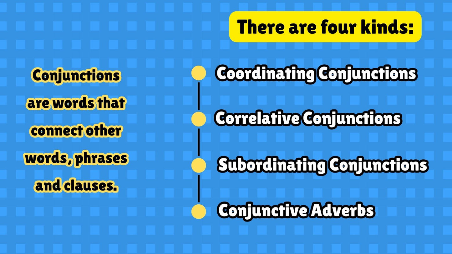 Conjunctions or words that connect other words, phrases, and clauses