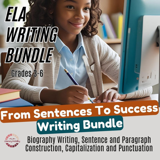 Child writing at a desk with educational text overlay about an ELA writing bundle.