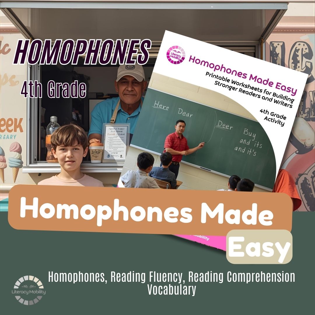 Promotional graphic for 'Homophones Made Easy' educational material with a classroom scene and ice cream truck.