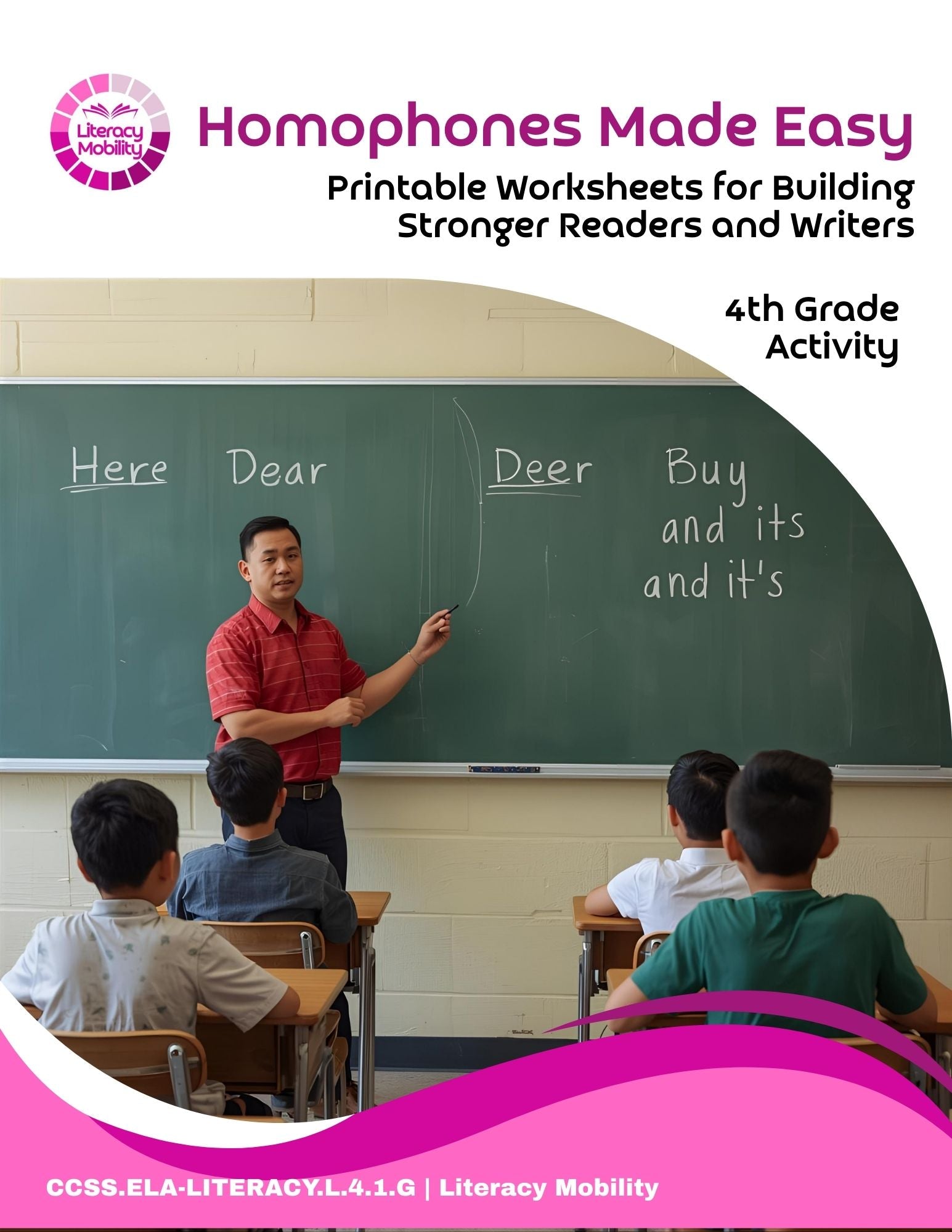 Teacher in a classroom with a blackboard displaying homophone examples, with 'Homophones Made Easy' book cover.