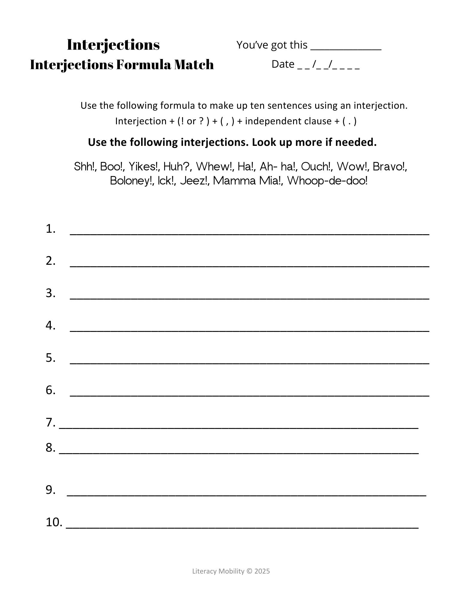 Conjunctions and interjections interjections formula match