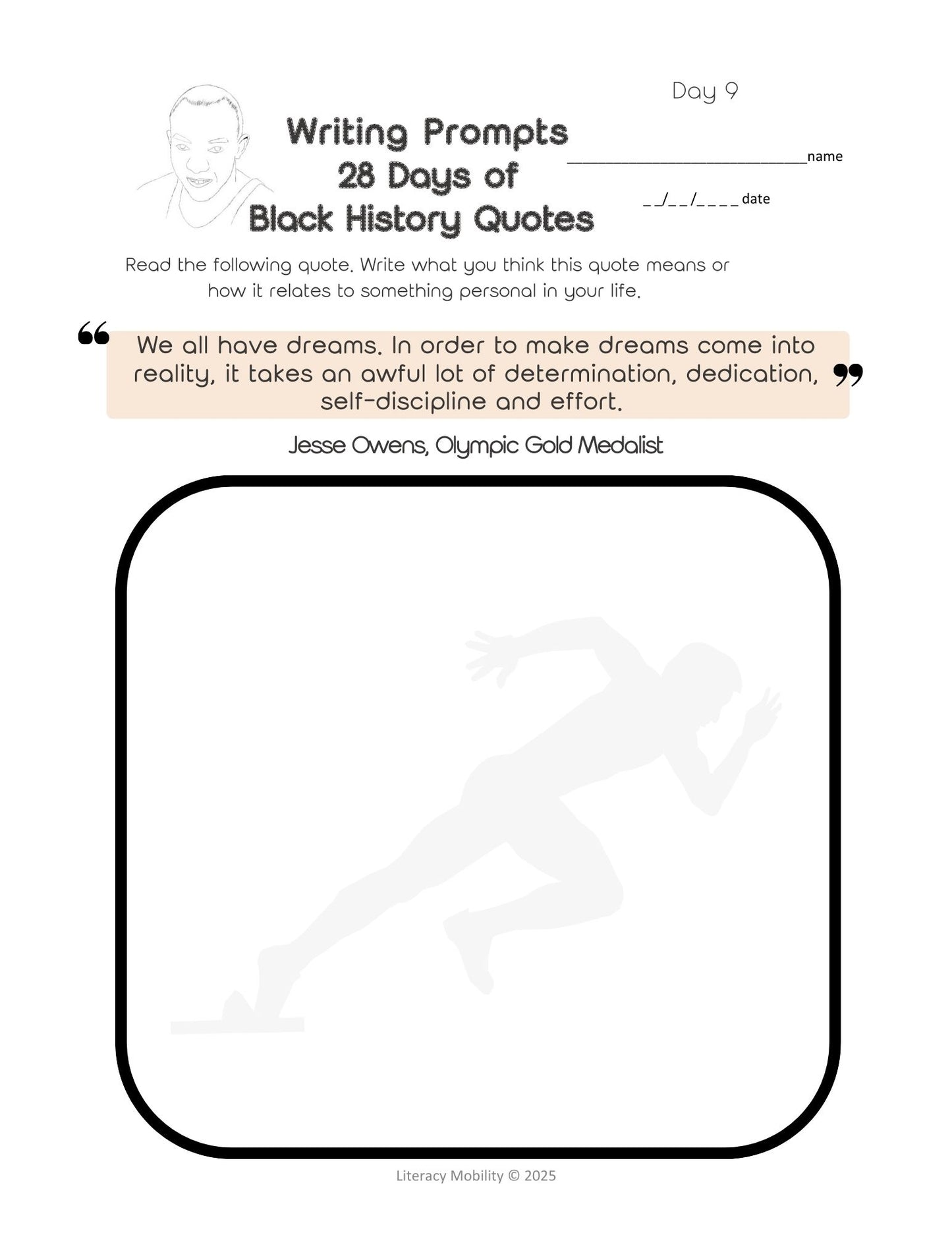 Writing Prompts 28 Days of Black History Quotes featuring Jesse Owens