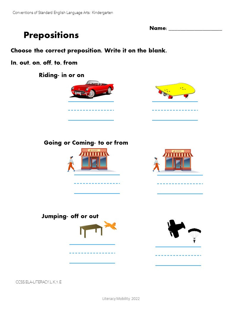 worksheet that teaches kindergarten students prepositions