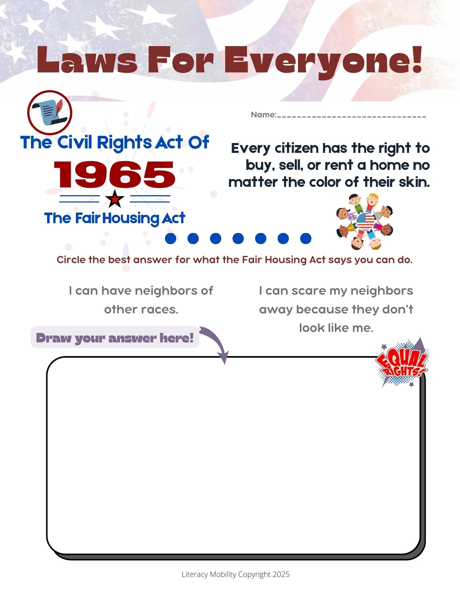 Laws for everyone by literacy mobility covers the civil rights act of 1965 also known as the fair housing act