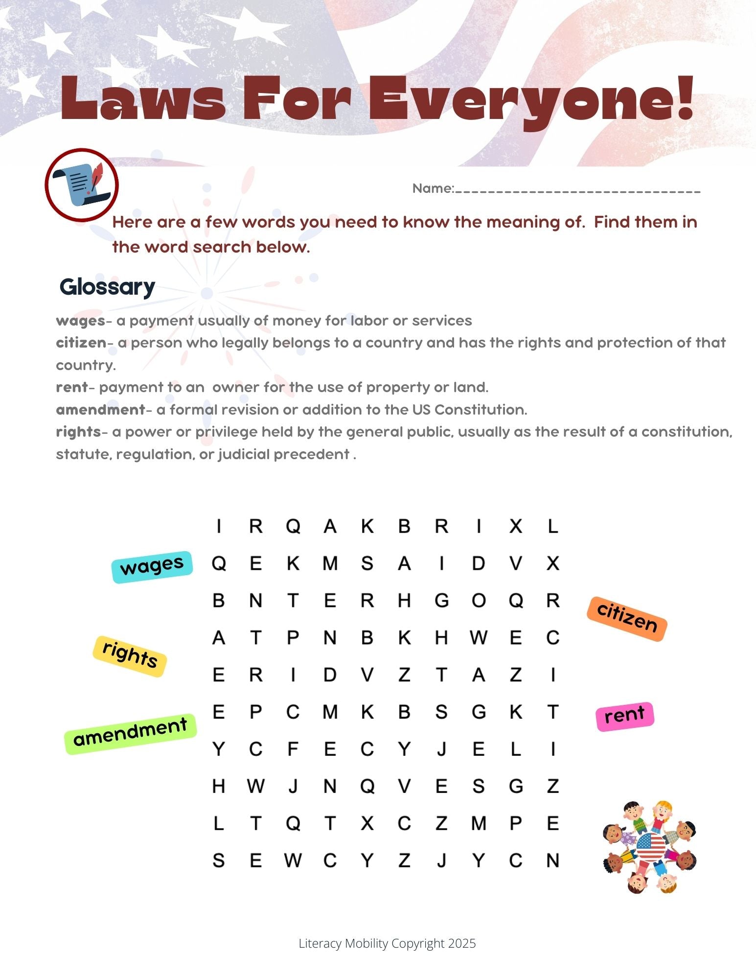 Laws for everyone, glossary and WordSearch