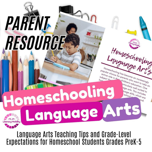 Homeschooling resource book with text and images of a child studying and stationery items.