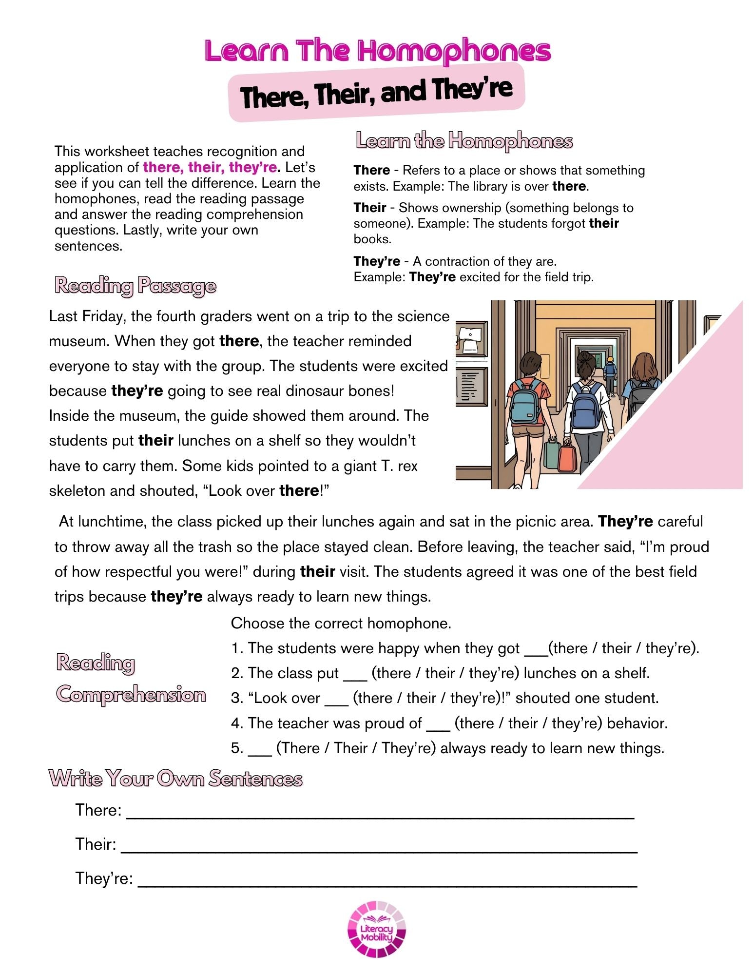 Worksheet on homophones 'there', 'their', and 'they're' with a reading passage and exercises.