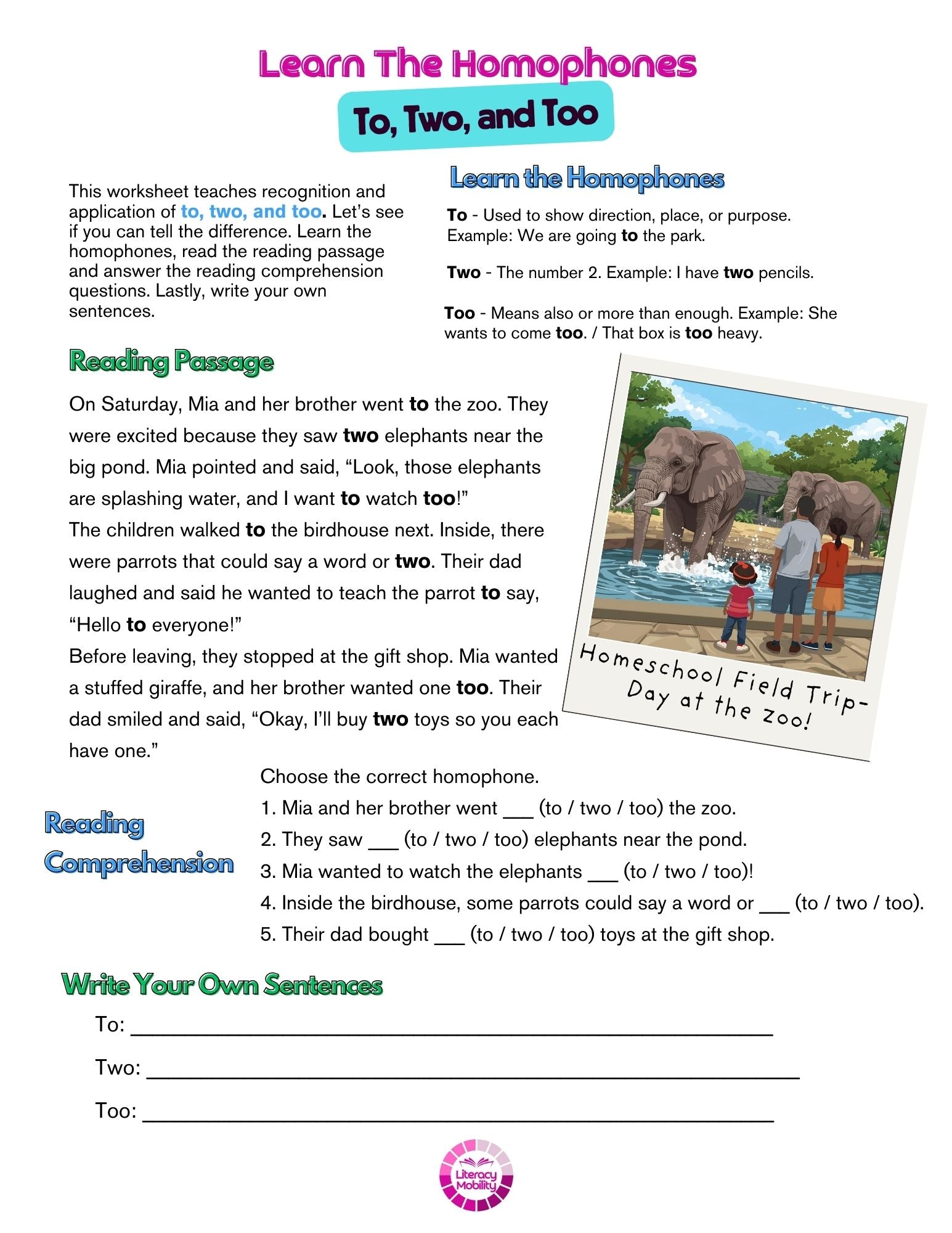 Educational worksheet on homophones 'to', 'two', and 'too' with a reading passage and questions.