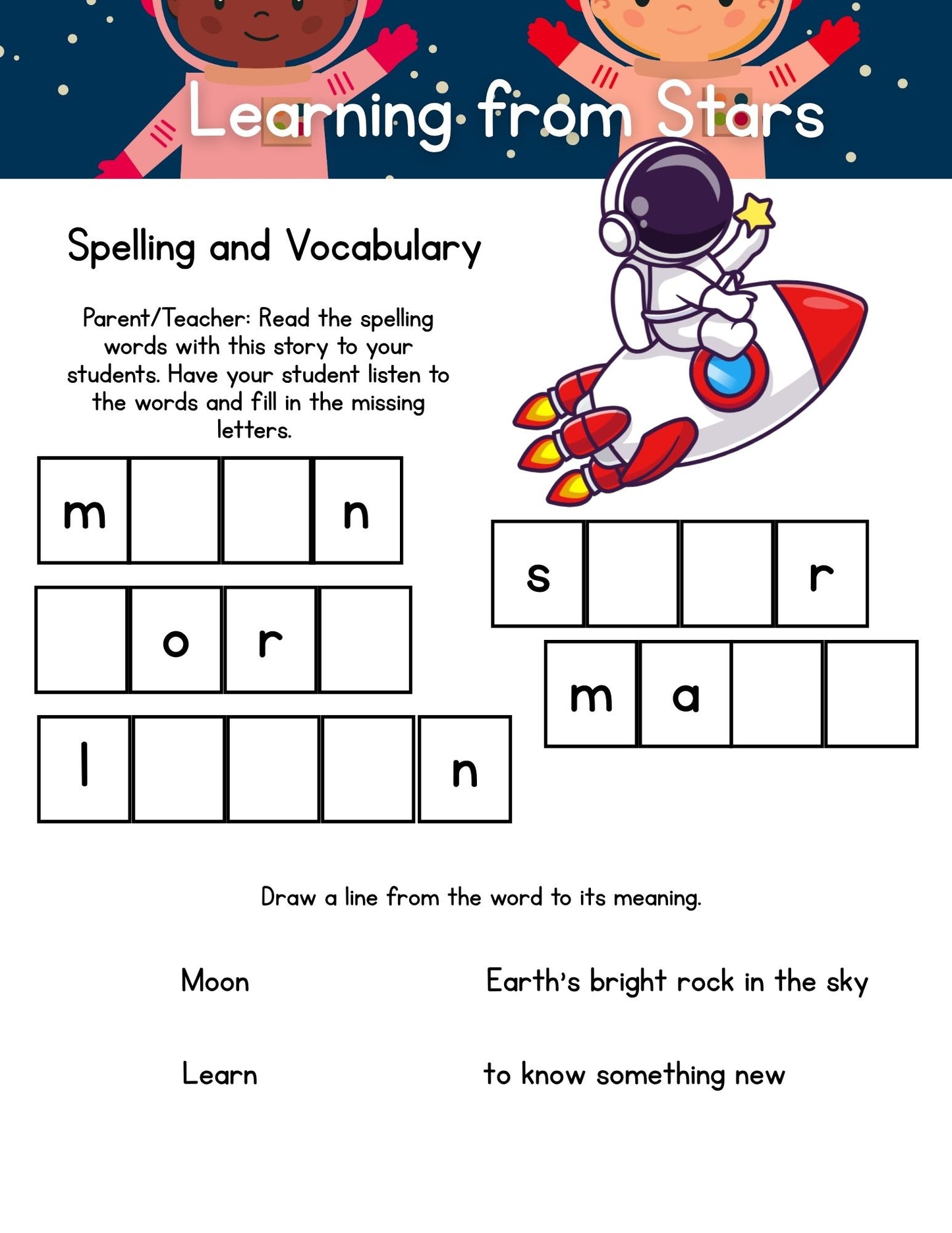 Educational worksheet for spelling and vocabulary with space-themed graphics and text.