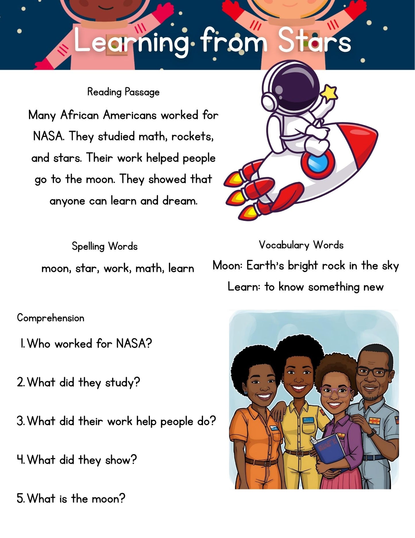 Educational page about African Americans working for NASA with a cartoon astronaut and rocket.