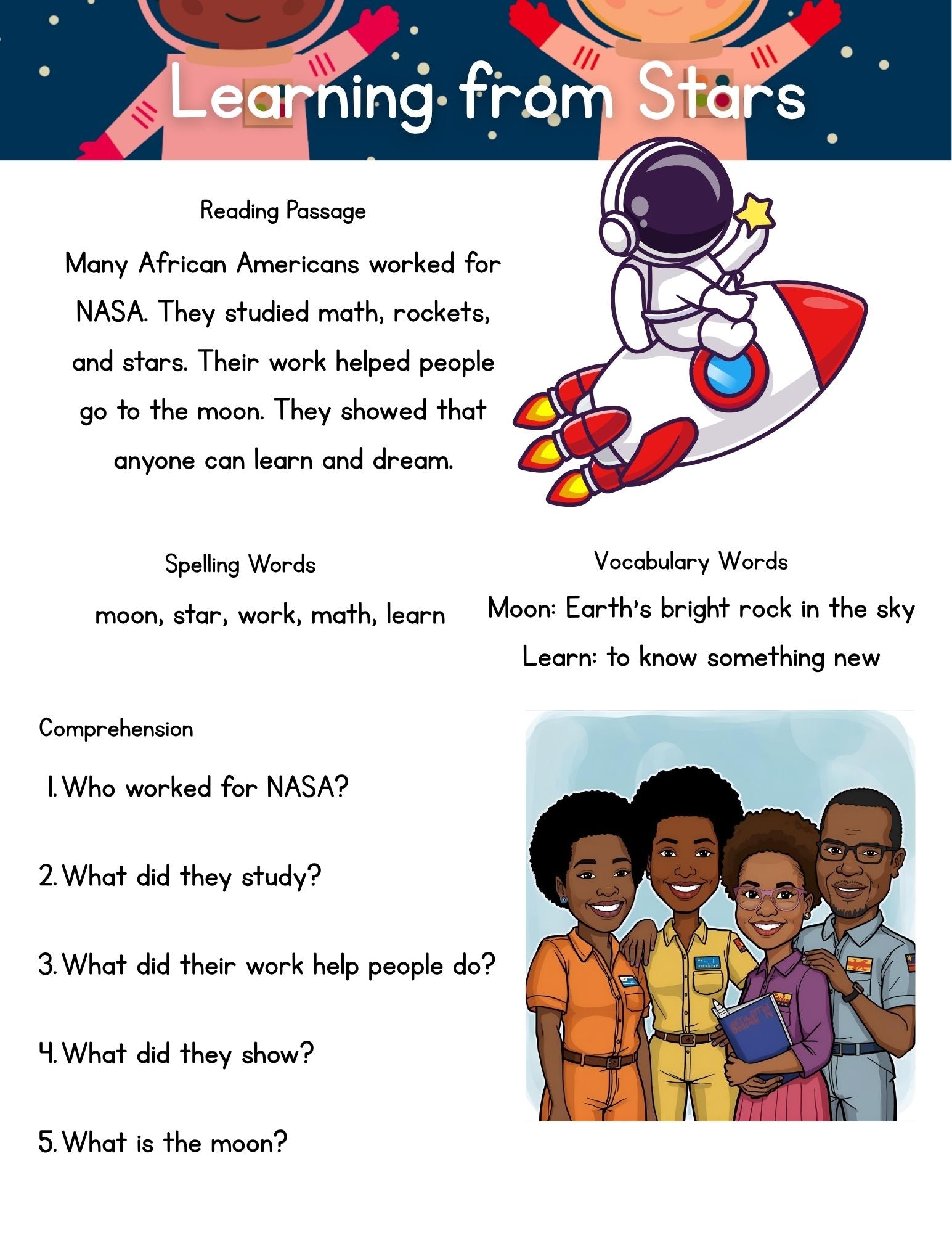 Educational page about African Americans working for NASA with a cartoon astronaut and rocket.