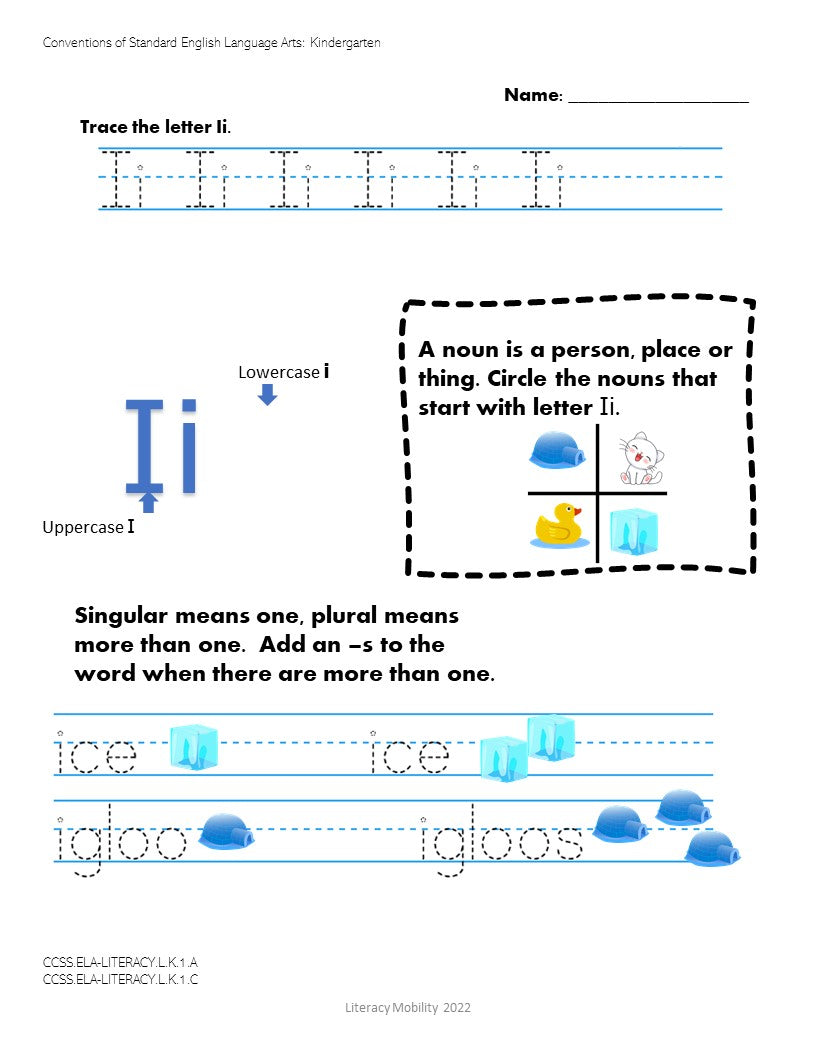 worksheet for kindergarten students to practice writing the letter 'Ii', what a noun is, and singular and plural nouns.